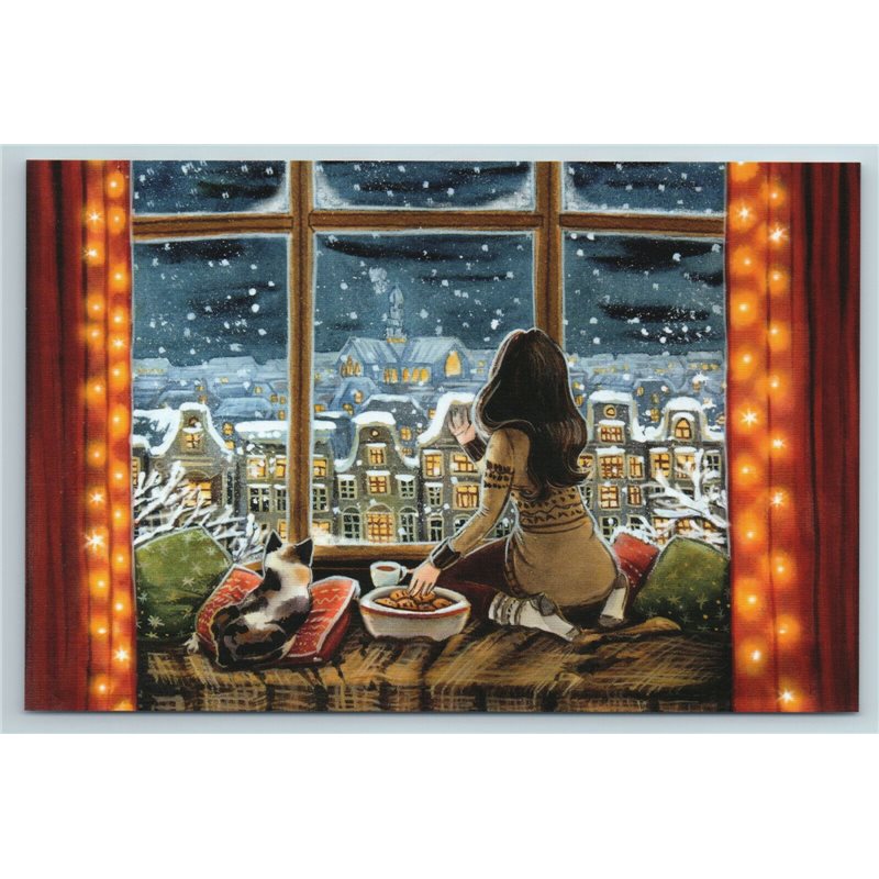 GIRL & CAT near Window Tea Party Snow Tale Russian Modern Postcard