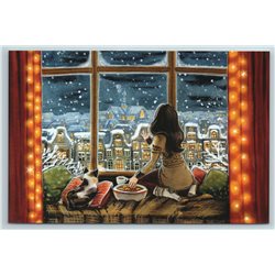 GIRL & CAT near Window Tea Party Snow Tale Russian Modern Postcard