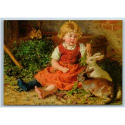 LITTLE GIRL feeding Hare Rabbits Peasant KID New Unposted Postcard