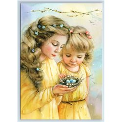 Pretty LITTLE GIRLS with Easter Eggs Nest Russian New Unposted Postcard