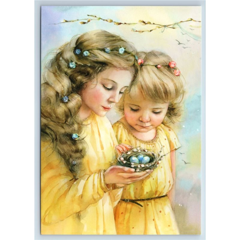 Pretty LITTLE GIRLS with Easter Eggs Nest Russian New Unposted Postcard