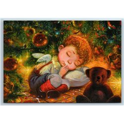 Little Boy Christmas Tree TEDDY Bear by Olkhovskaya Russian Modern Postcard 