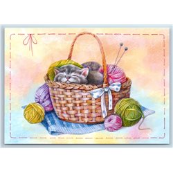 CUTE KITTEN in basket Yards Needlework Balls New Unposted Postcard
