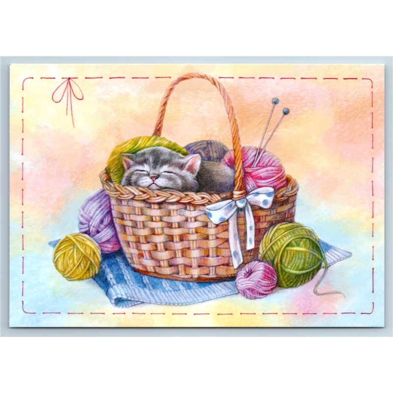 CUTE KITTEN in basket Yards Needlework Balls New Unposted Postcard