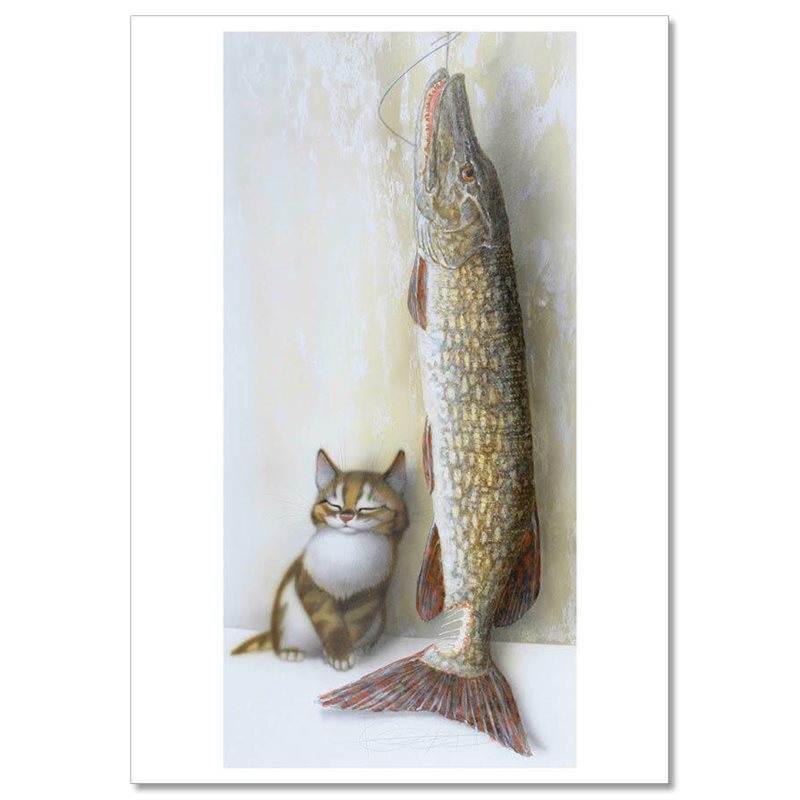 CUTE KITTEN Cat and very big Fish Funny Comic Russian Unposted Postcard