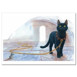 BLACK CAT Golden chain collar and Mouse Fantasy Russian Unposted Postcard