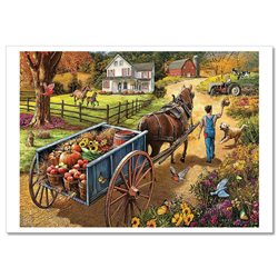 HARVEST carriage on Farm Horse Cottage Boy and Dog New Unposted Postcard