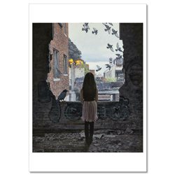LITTLE GIRL with Raven Pigeon destroyed buildings New Unposted Postcard