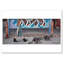 LITTLE GIRL and RACCOON in City Graffiti Wall New Unposted Postcard