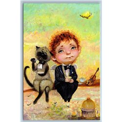 LITTLE BOY with CAT Teatime Violin White Nights New Unposted Postcard