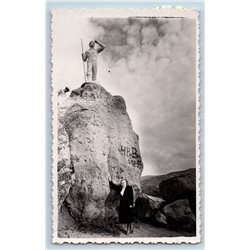 1955 WOMAN & Sculpture on Rock Patriotic Crimea Russian Soviet photo