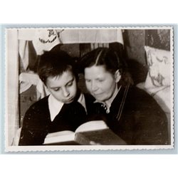 1959 SOVIET BOY read BOOK with Woman Peasant Russian Photo