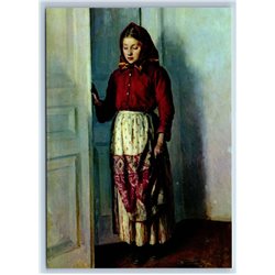 YOUNG GIRL in Red Ethnic Costume Peasant by Yaroshenko New Postcard