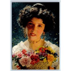 LADY with Basket pf Flowers Portrait Woman by Czachorski New Postcard