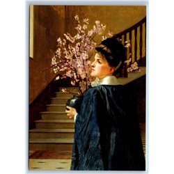 PRETTY WOMAN Lady with Vase with Flowers stairs bt Hayllar New Postcard