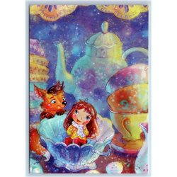 LITTLE GIRL & RED FOX in Sideboard Tea Cup Jug Fantasy New Unposted Postcard