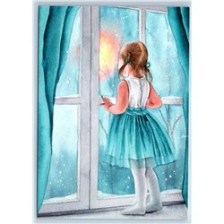 LITTLE GIRL looks in Window Snowy Blue Ill. Russian Unposted Postcard