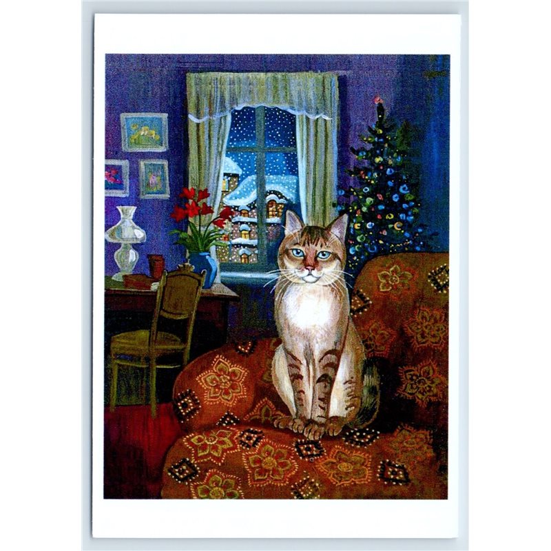 CUTE CAT on Sofa in Room Cabinet Christmas tree ill. New Unposted Postcard