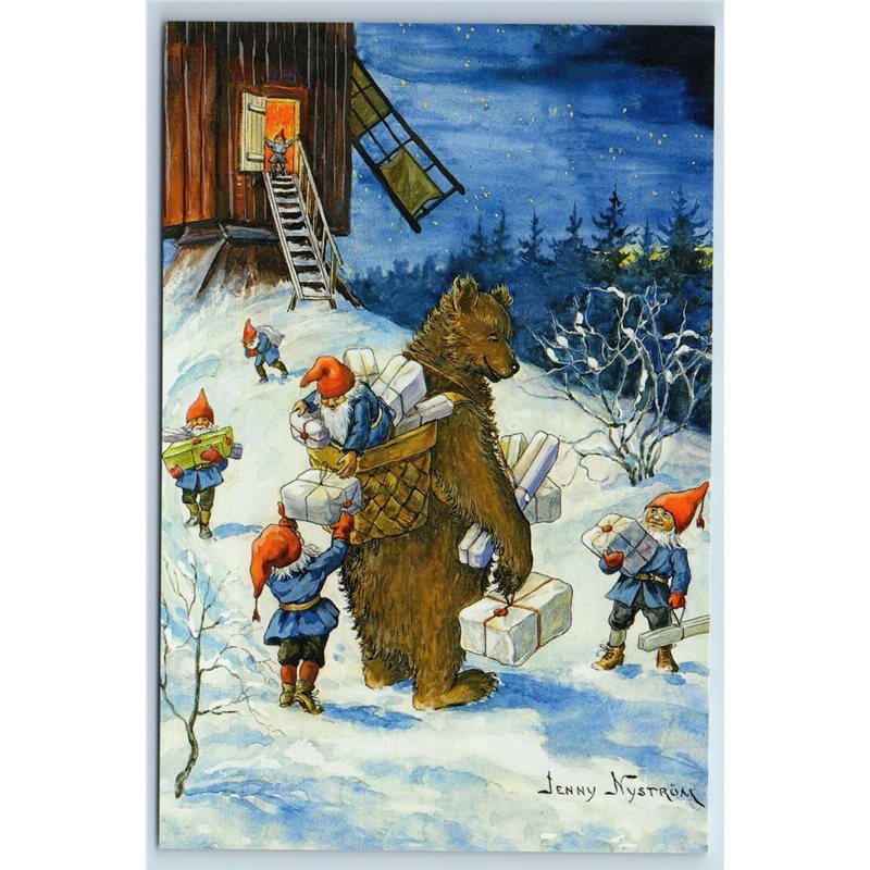 BROWN BEAR & Gnomes in Winter Snow Forest by Jenny Nyström New Postcard