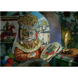 CAT in Russian Ethnic folk costume embroidered Fantasy ART Modern Postcard