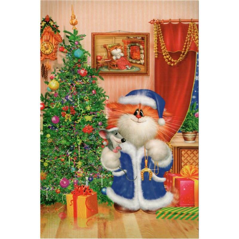 RED CAT as Santa Claus Christmas Tree Mouse Funny Comic Russia Modern Postcard