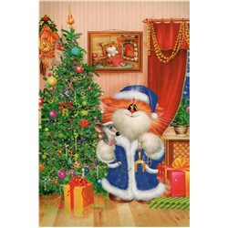 RED CAT as Santa Claus Christmas Tree Mouse Funny Comic Russia Modern Postcard