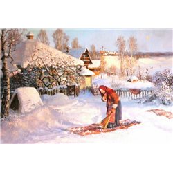 RUSSIAN SNOW WINTER Woman cleans carpet Peasant Work New Unposted Postcard