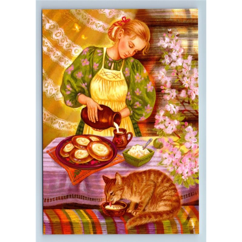 PRETTY GIRL & RED CAT Milk Jug Cheesecakes by Sitaya New Unposted Postcard