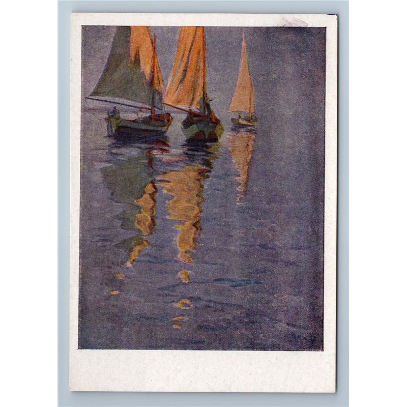 1958 SAILING BOATS await wind on the water by Cherkes Art Vintage Postcard