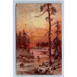 1900s WINTER SUNSET Forest Landscape by Klever Antique Imperial Russia Postcard