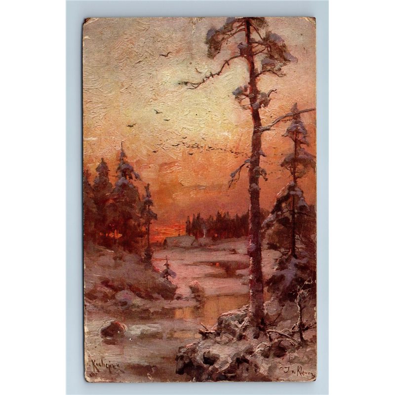 1900s WINTER SUNSET Forest Landscape by Klever Antique Imperial Russia Postcard