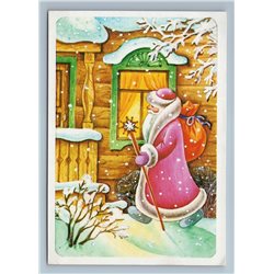 DED MOROZ with Gifts Russia House Izba Snow Winter Happy New Year USSR Postcard