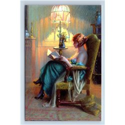 PRETTY LADY read BOOK Lamp Old Fashion Interior by Enjolras New Modern Postcard