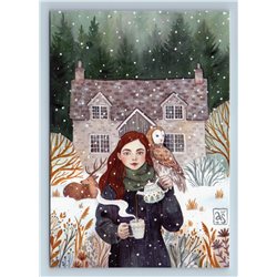 GIRL near House Cottage TEA TIME Cup OWL Dear Winter Forest New Russian Postcard