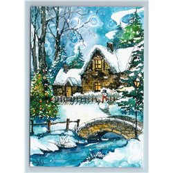 HOUSE Cottage CHRISTMAS EVE Snowman BRIDGE Holiday Russian New Postcard