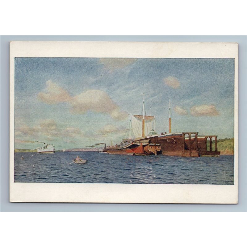 1957 SAILING SHIPS in Sea Steamboat Fresh breeze by Levitan Soviet USSR Postcard