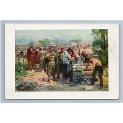 1949 WWII Soldiers Red Army at well Peasant Village Rare Soviet USSR Postcard