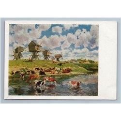 1961 HERD of COWS on RIVER Mills Peasant Village by Makovsky Art Vintage Postcard