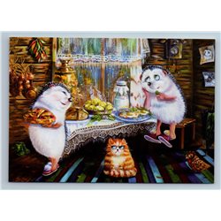 HEDGEHOGS feast and RED CAT Bachelor and Neighbor by Glushcenko New Postcard