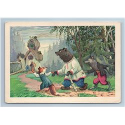 1955 RED FOX BEAR GRAY WOLF Cottage in Forest Russian Tale Soviet USSR Postcard
