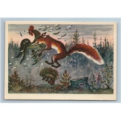 1958 RED FOX stole COCKEREL Hedgehog in Forest Animal Soviet USSR Postcard