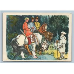1959 3 HORSEMAN and OLD MAN in Forest Ivan Chudo Yudo Tale Soviet USSR Postcard