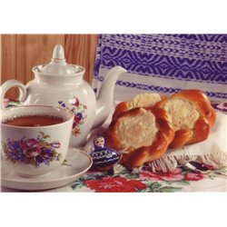 TEA PARTY TIME Porcelain CUP KETTLE Ethnic cheesecake pattern MODERN POSTCARD