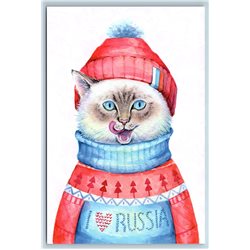 FUNNY CAT in Winter Dress I LOVE RUSSIA Fancy Russian New Postcard
