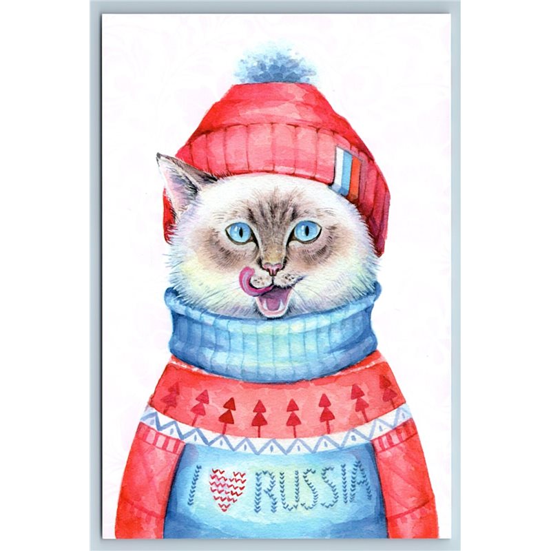 FUNNY CAT in Winter Dress I LOVE RUSSIA Fancy Russian New Postcard