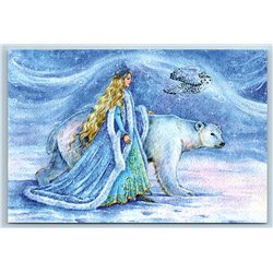 SNOW QUEEN Woman and White Polar Bear OWL Bird Fantasy Tale Russian New Postcard