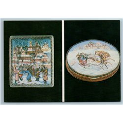 ROSTOV ENAMELS Lacquer miniature Jewelry BOX FINIFT Russia Folk Set 15 Postcards