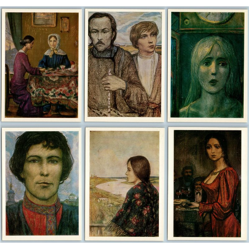 RUSSIAN TYPES Woman Men Kids Leskov ART by Glazunov Сказки Set of 16 Postcards