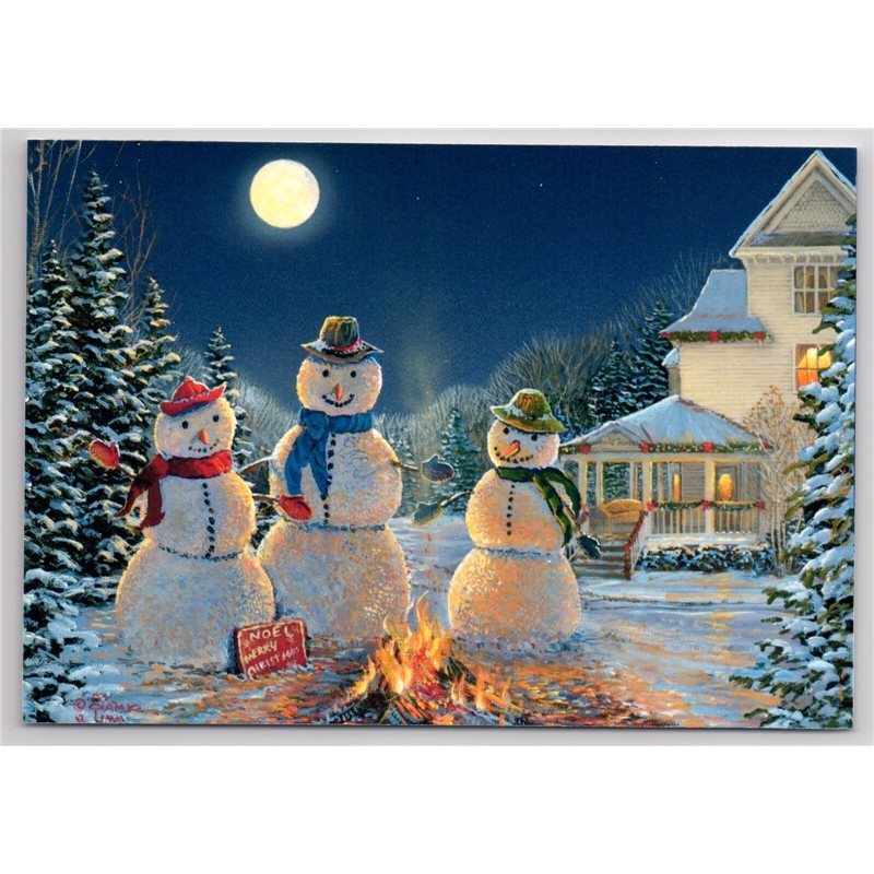 THREE SNOWMAN near Cottage Garden Xmas Tree Moon Russian New Postcard