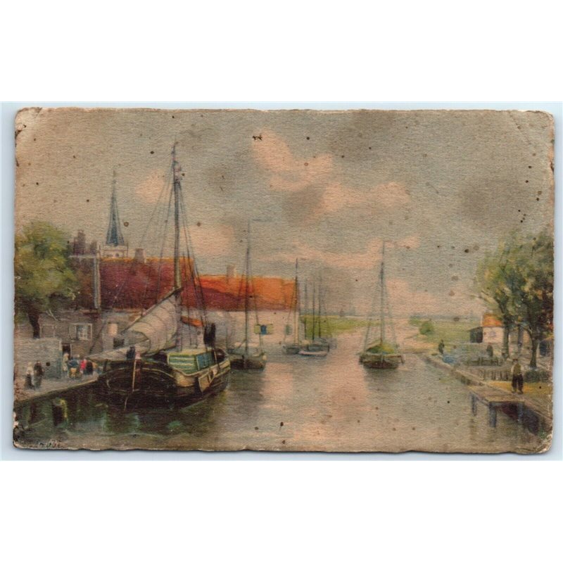 1910's SEASIDE Sailboat Boats Ship Pier Meissner Buch Leipzig Antique Postcard